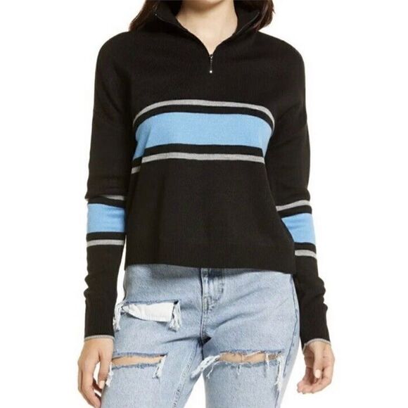 BP Nordstrom zip mock neck sweater black & blue uneven stripe NWT - Picture 1 of 4